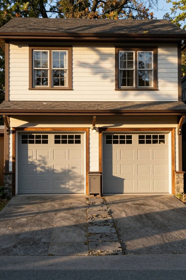 Two-car garage on a beige two-story house with gray doors framed in dark wood and windows, flanked by stone pillars on a concrete driveway with central stone pathway.