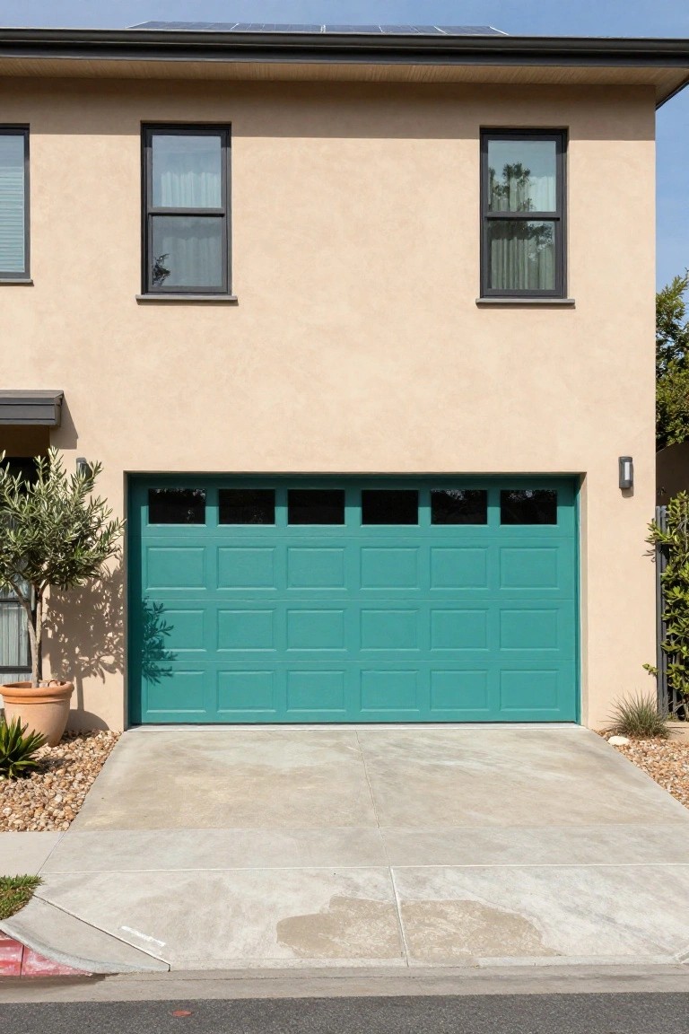 Beige stucco house exterior with vibrant teal garage door, solar panels, and landscaping