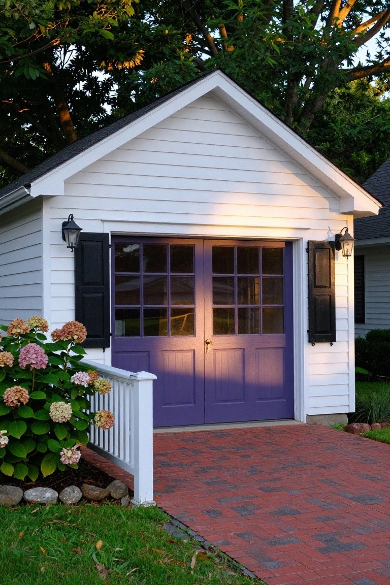 White shed with deep purple double doors and black shutters beside pink hydrangeas on a brick walkway