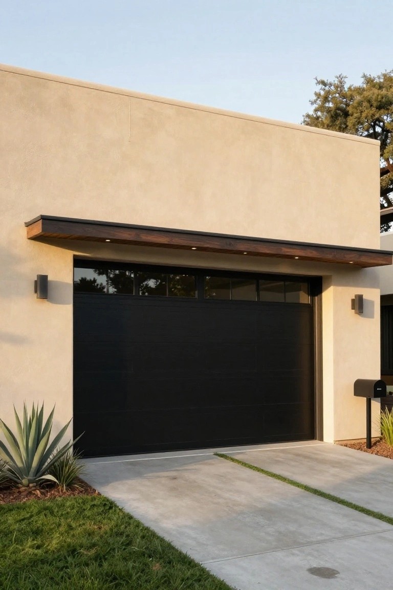 Modern garage door in deep matte black against warm beige stucco walls