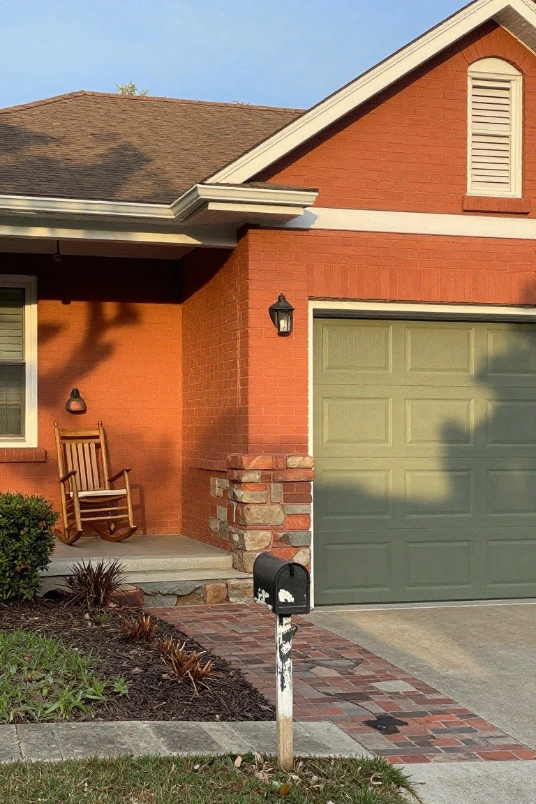 Red brick home exterior featuring a sage green garage door paired with brick accents and a wooden rocking chair on the porch