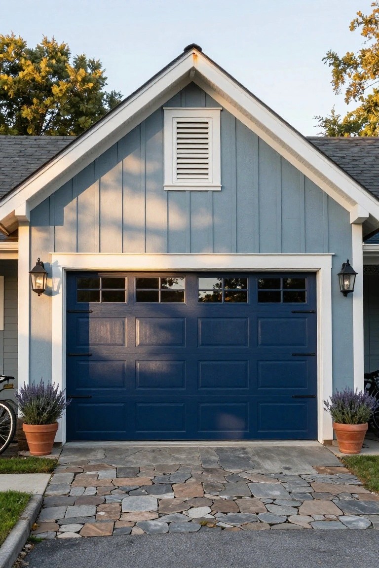 Detached garage with navy blue door, light blue siding, white trim, and lanterns on a stone pathway