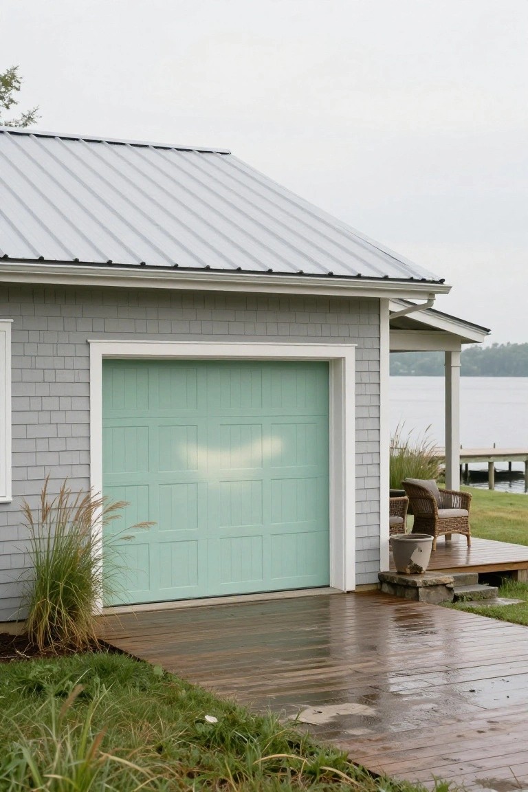 Light gray shingle garage featuring a pale mint green door beside a wooden deck and lake view