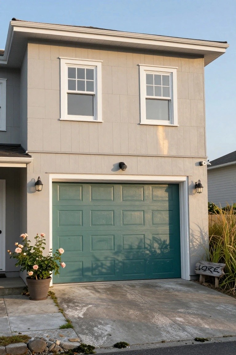 Two-story gray house with teal green garage door, white-framed windows, and potted roses on the driveway