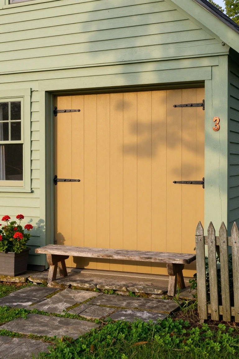 Light green house with tall warm golden yellow garage door, wooden bench, red flowers, and picket fence in front