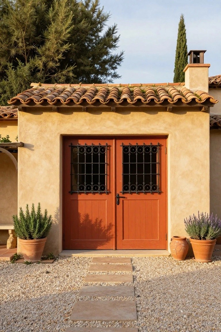 Warm red wooden garage doors with iron grilles on a beige stucco building, flanked by potted plants and terracotta roof tiles
