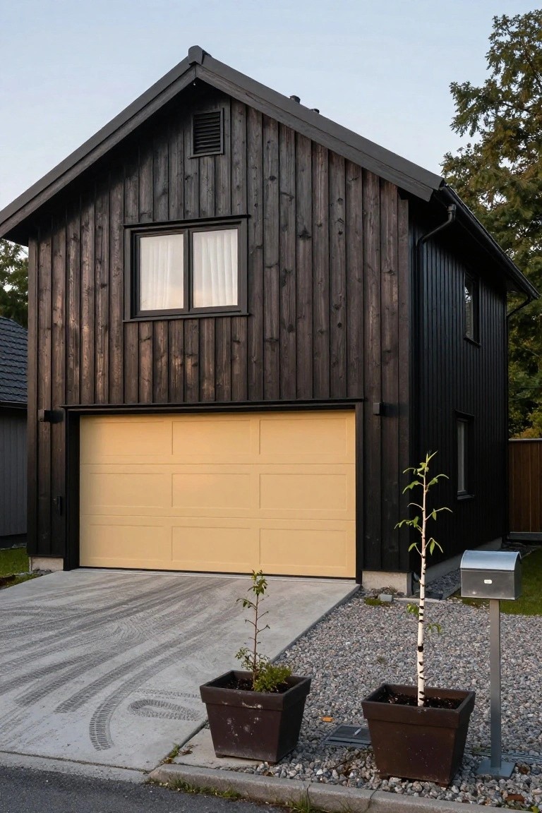 Dark wood-clad modern house with sunny yellow garage door, concrete driveway, and potted plants