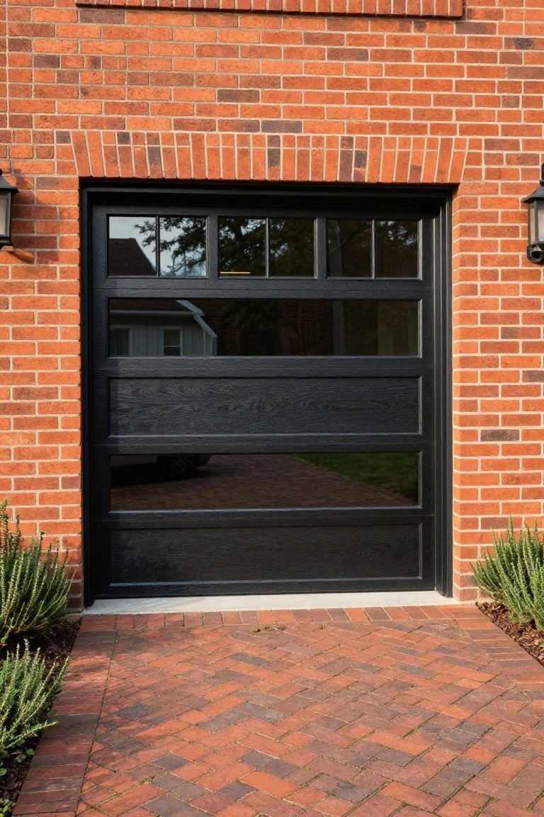 Red brick house exterior featuring a black framed glass-paneled garage door centered in the brick archway, with black lanterns on brick pillars and brick paver walkway edged by small plants.