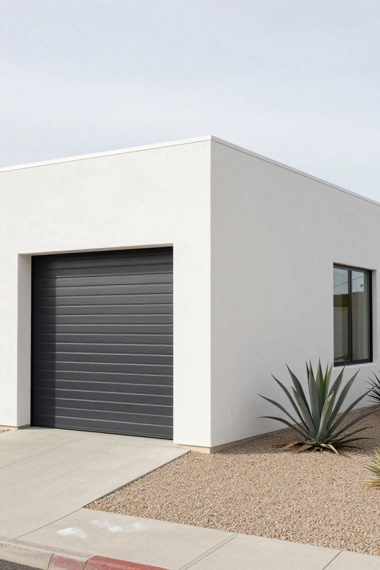 White stucco modern house corner with dark gray roller garage door, small rectangular window, agave plant in gravel landscaping, and concrete driveway.