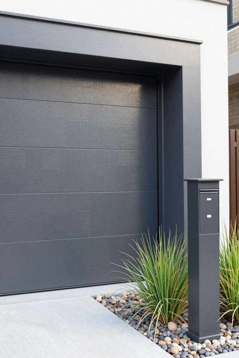 Modern home exterior with a large dark gray paneled garage door in white walls, flanked by a tall black mailbox post, ornamental grasses, and pebble mulch next to a concrete driveway.