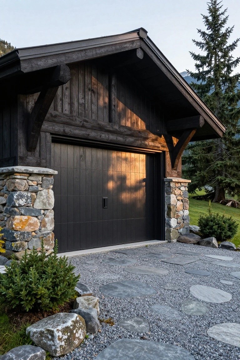 Dark wood-clad detached garage with stone pillars flanking a black paneled garage door, gravel driveway with stone pavers, bushes, and pine trees nearby.