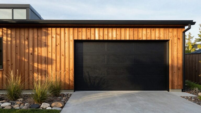 21 Stunning Modern Garage Door Ideas To Instantly Elevate Your Exterior Modern garage structure clad in vertical cedar wood planks with a black overhead door, concrete driveway, pebble ground cover, and ornamental grasses in front.