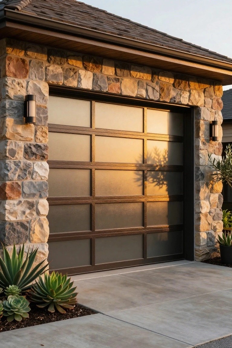 Garage door featuring multiple frosted glass panels in a dark metal frame, set within textured stone walls, with black wall-mounted lights on each side and potted succulents in front.