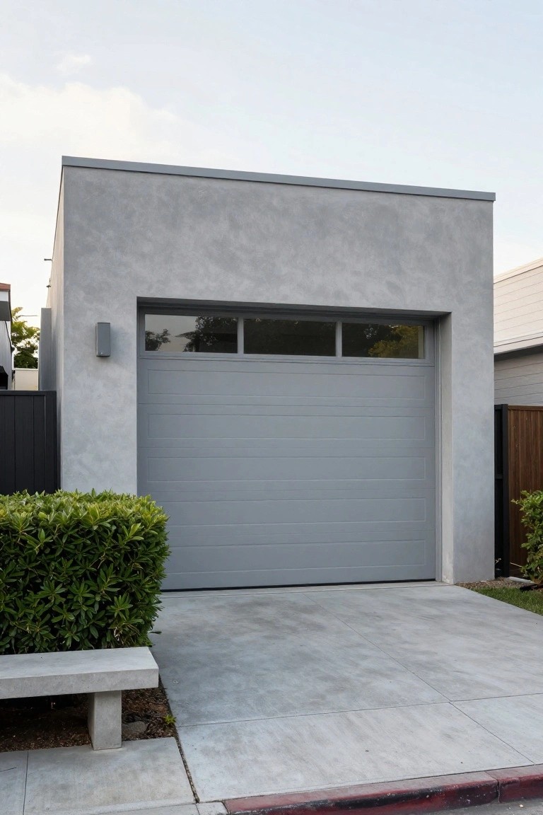 Gray stucco house exterior with matching gray garage door containing a narrow horizontal window, flanked by hedges, concrete driveway, and wall-mounted light.