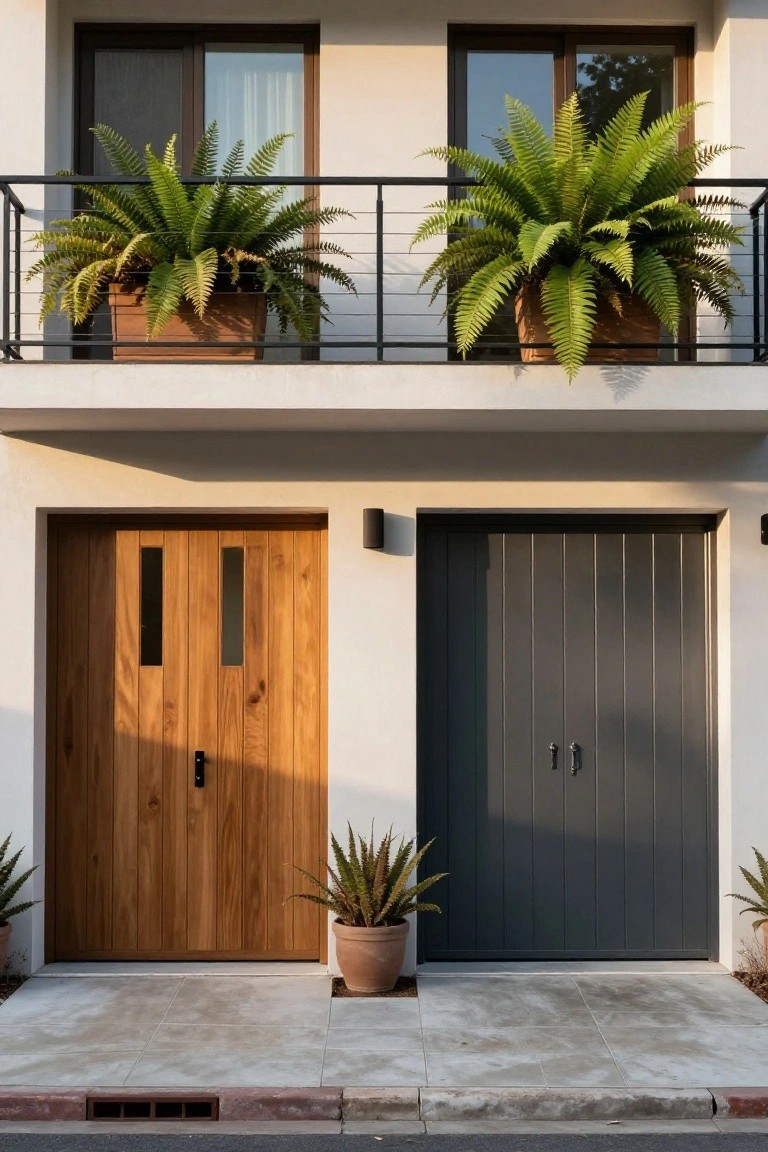 Modern home exterior with white stucco walls, a double wooden door on the left, a gray garage door on the right, potted agave plants in front, and a balcony above with large potted ferns on the railing.
