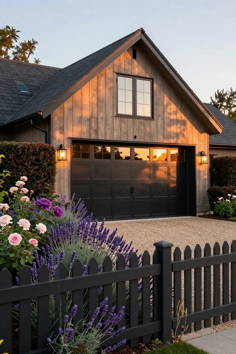 Modern gabled garage with dark wood siding, large black paneled door, two matching black lanterns mounted on sides, gravel driveway, lavender plants and rose flowers, black picket fence.