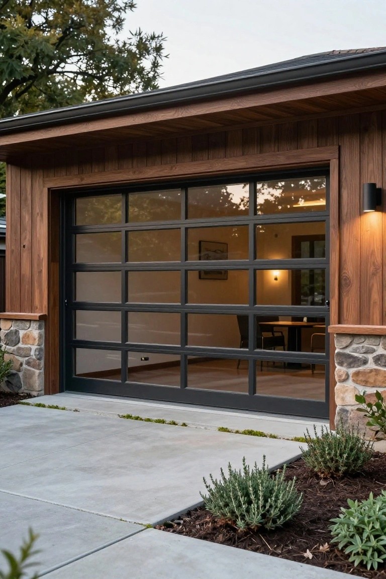 Modern garage with large black-framed glass door revealing interior office space, flanked by wooden siding and stone pillars on a concrete pad with shrubs and pathway.