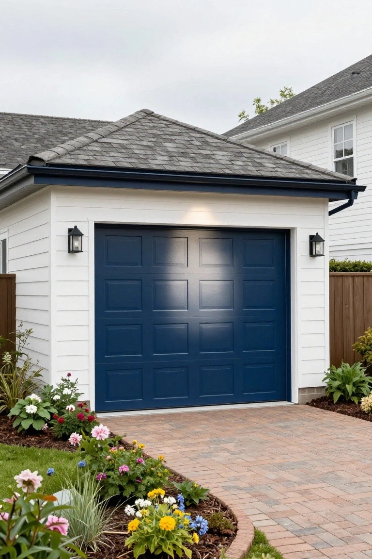 White detached garage with navy blue paneled door, black lanterns on sides, brick walkway, and landscaped flower beds around the base.