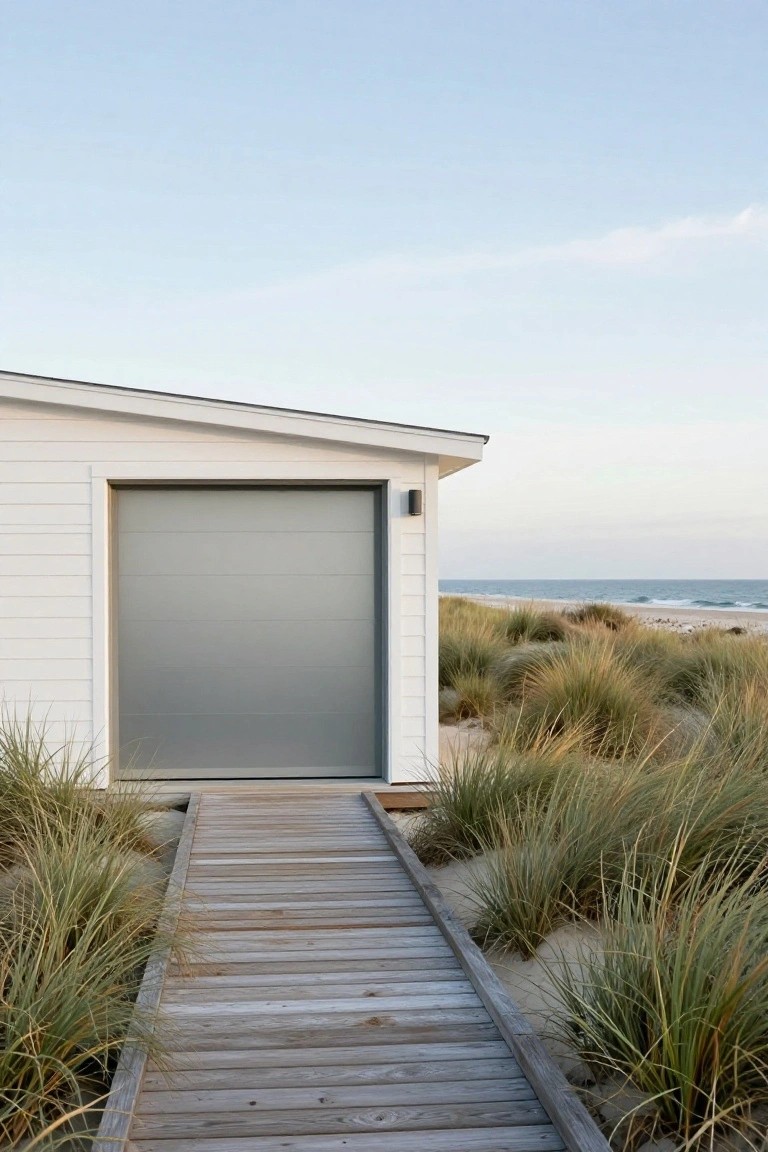 White clapboard shed-roof garage with large gray sectional garage door, wooden boardwalk pathway lined with tall dune grasses leading to the door beside ocean and beach.