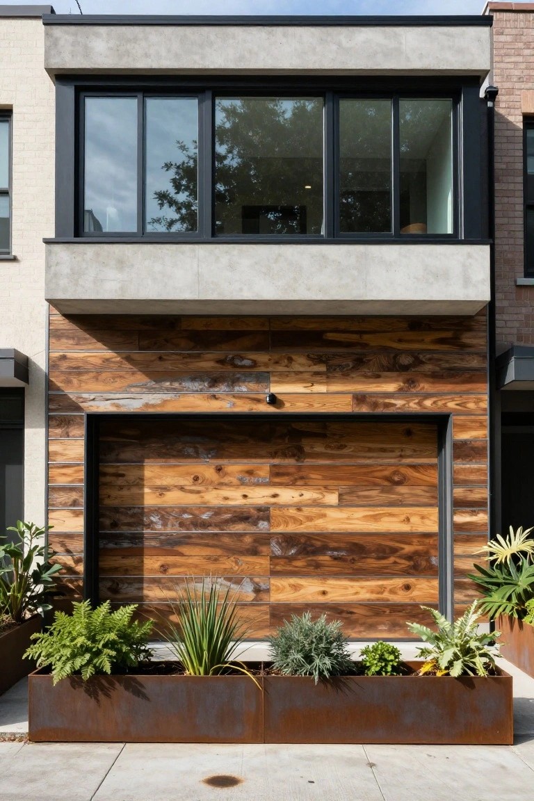 Two-story modern house exterior with concrete and glass upper level, horizontal wood plank siding and recessed garage door on lower level, flanked by rusty metal planters filled with various green plants.