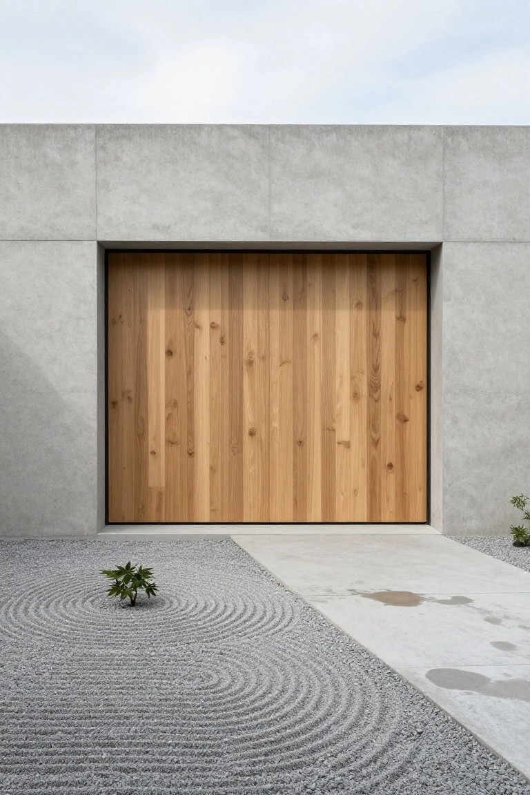 Concrete garage facade with large flush vertical slat wooden door centered in the wall, adjacent to raked gravel ground with one small plant.