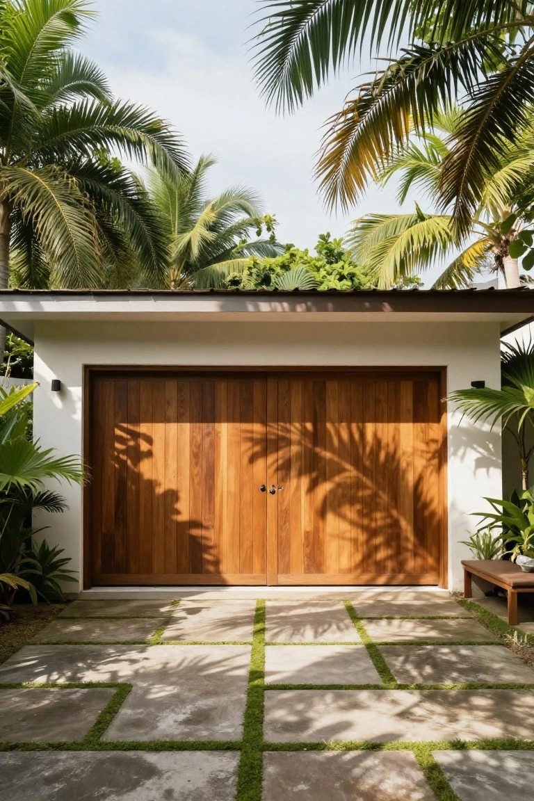 White stucco house exterior featuring a large double wooden garage door centered under palms and tropical plants on a paver driveway.