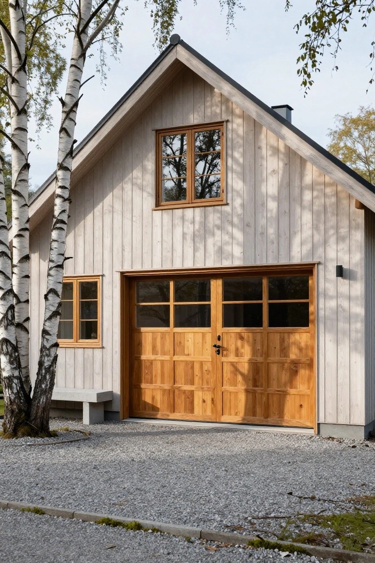 Modern detached garage with light vertical board-and-batten siding, a wooden garage door with multiple glass panels and a brass handle, flanked by two birch trees on a gravel driveway.