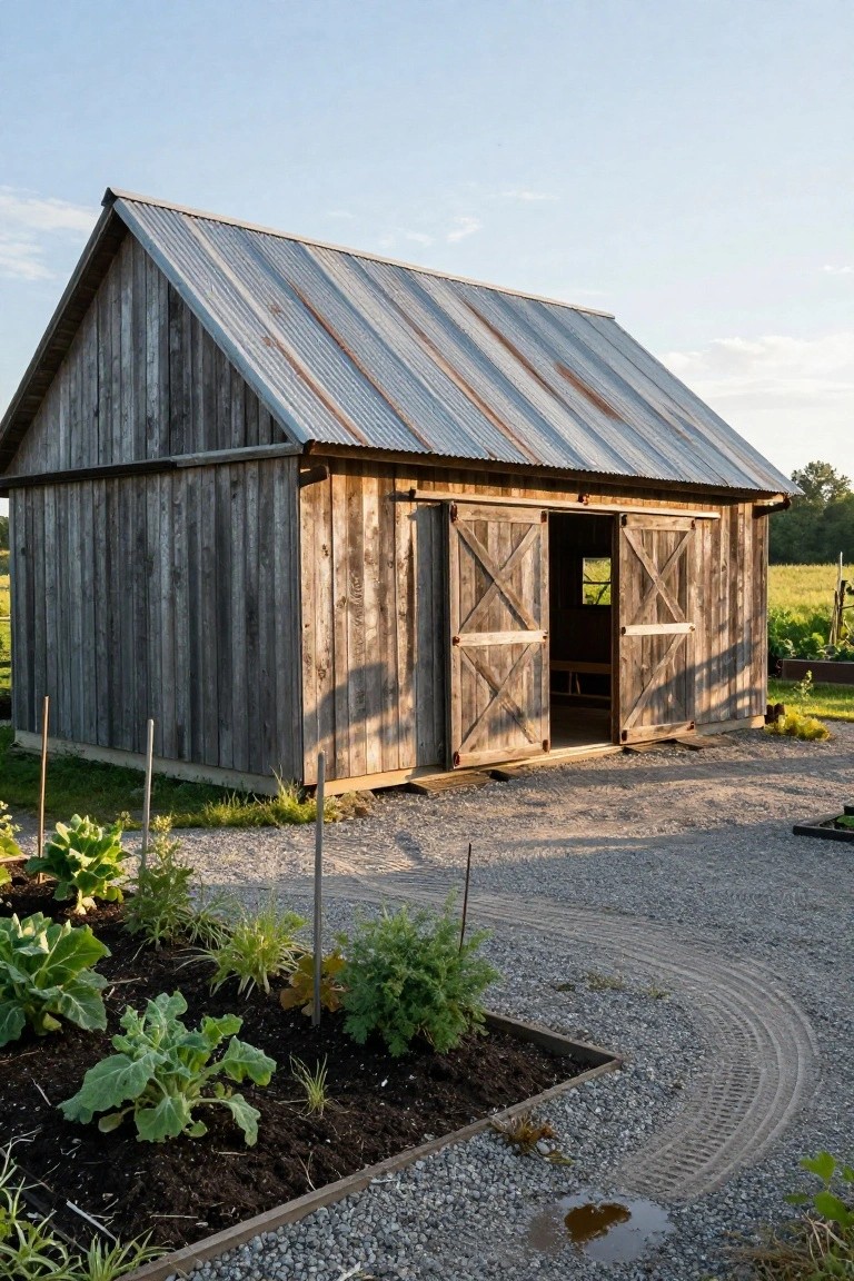 Small gabled wooden garage with corrugated metal roof, open double barn doors, adjacent to raised garden beds and curved gravel path in rural yard.