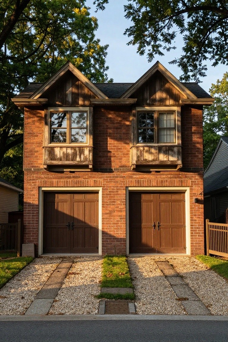 A two-story brick house exterior with symmetric double wooden garage doors at the base, wood siding and windows on the upper gables, small balconies above the doors, a driveway with gravel paths and grass strips, surrounded by trees in evening light.