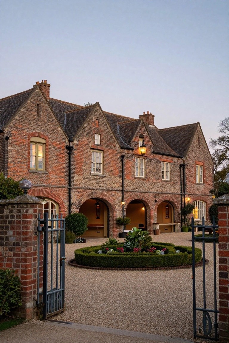 Red brick carriage house exterior with three arched doorways under a gabled roof, iron gates across a gravel driveway featuring a central circular garden bed, and lanterns mounted on the walls at dusk.
