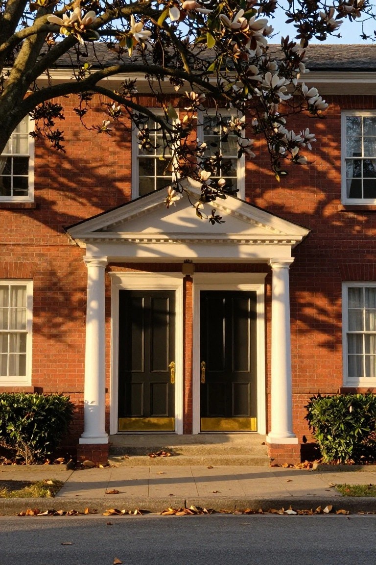 Red brick house exterior with white columns and pediment forming a portico over double black doors with gold handles, magnolia branches overhead, bushes on sides, steps leading to entry, and fall leaves on walkway.