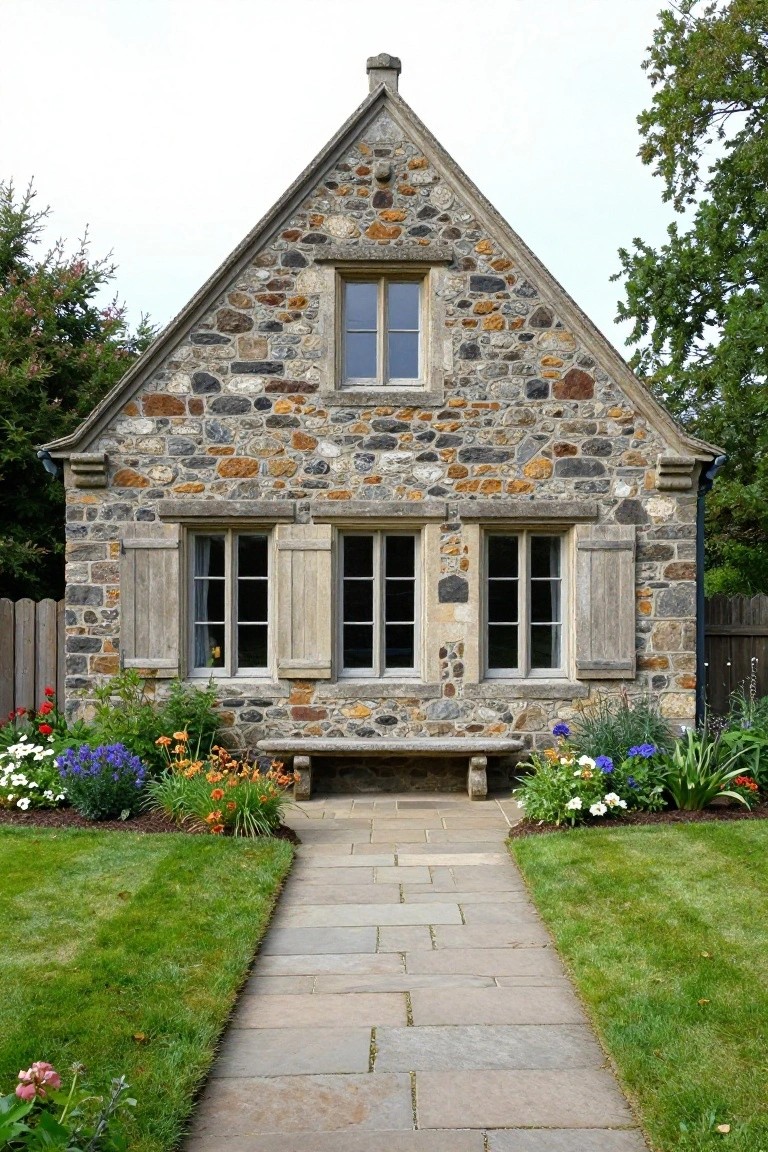 Small fieldstone carriage house with steep gabled roof, three front windows with shutters, flanked by flower gardens and a central stone pathway.