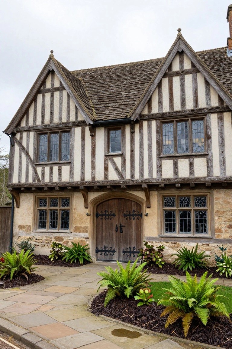 A two-story half-timbered house with white plaster walls, dark wooden beams, steeply pitched gabled roof, arched wooden entry door, leaded glass windows, stone base, and fern plants along a paved stone pathway.