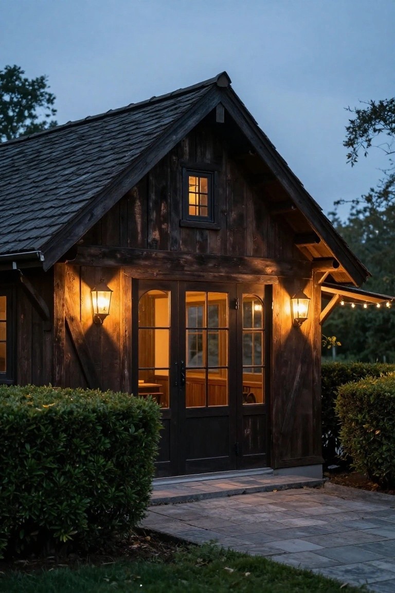 Wooden carriage house with gabled shingle roof, dark siding, large glass-paneled double doors flanked by lit lantern lights, hedges on sides, stone path leading up, viewed at dusk.