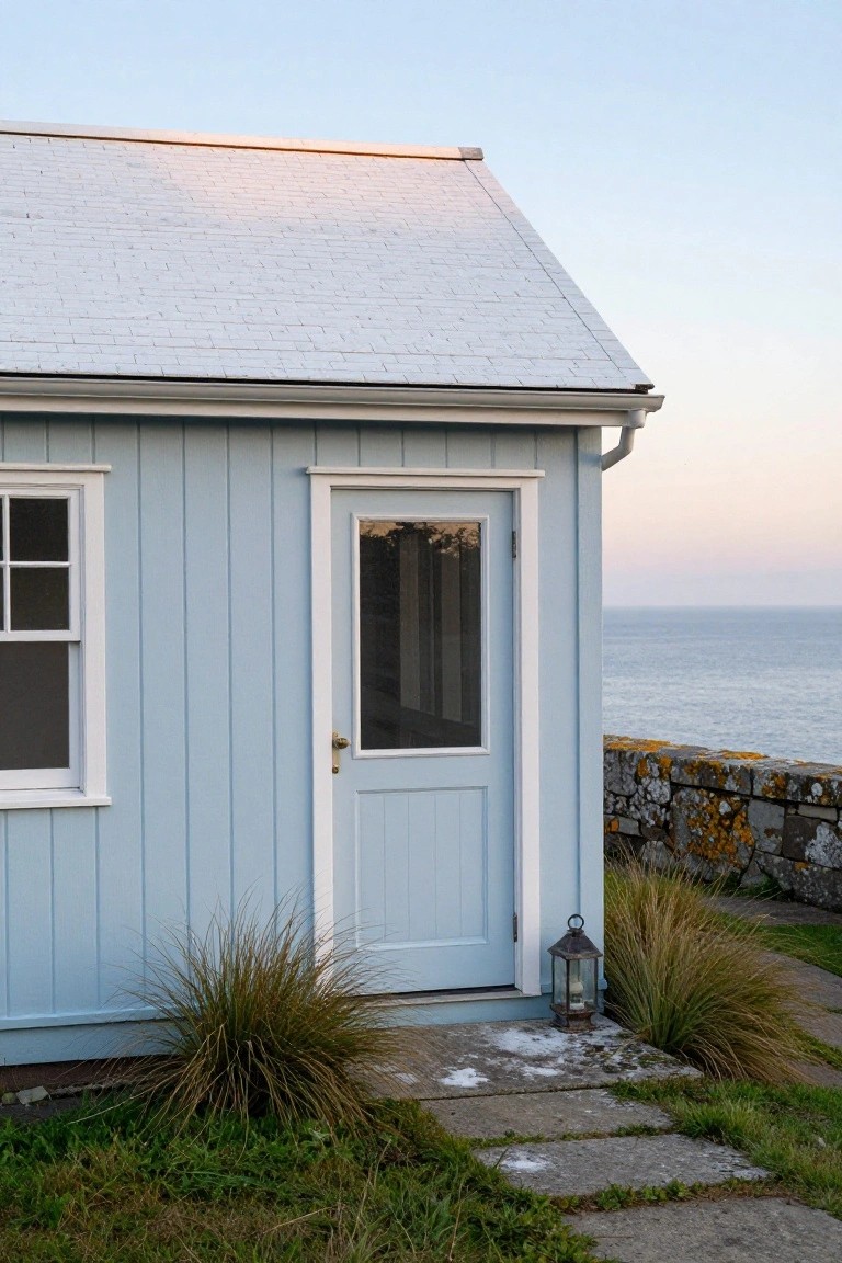 Light blue clapboard carriage house with white-framed glass door and window, stone pathway leading to entry, lantern light, ornamental grasses, and ocean view in background.