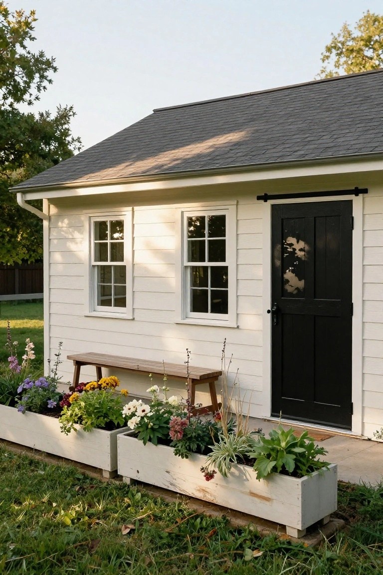 White gabled carriage house garage with black barn-style door, two matching white raised planters filled with colorful flowers and greenery flanking the entry, wooden bench in front, and grass yard with trees.