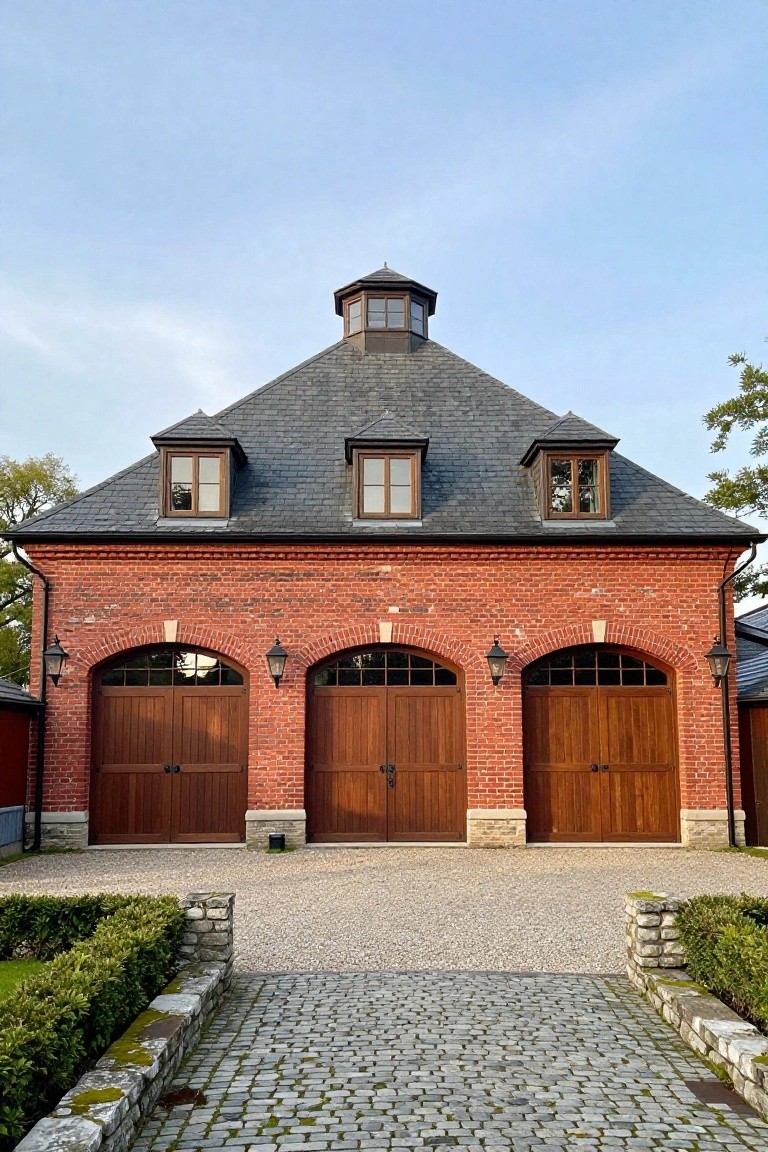 Red brick carriage house garage with three large wooden doors, steep gray slate roof topped by a cupola, flanked by hedges and a cobblestone pathway.