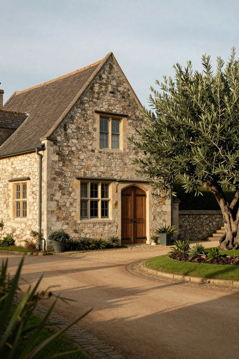 Small gabled stone carriage house garage with double wooden doors, olive tree at side, gravel driveway, and low plantings.
