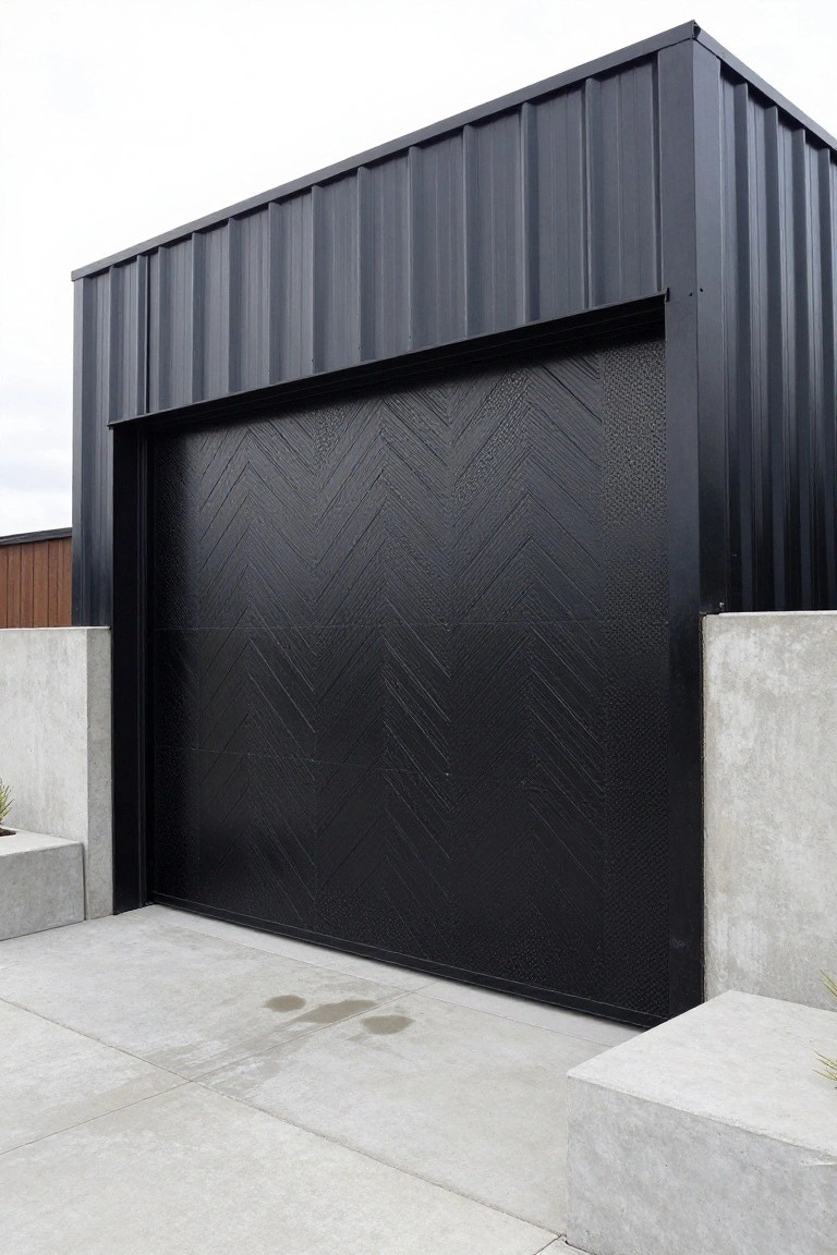 Black garage door featuring a herringbone zigzag pattern, framed by black corrugated metal walls and flanked by concrete side walls on a concrete driveway slab.
