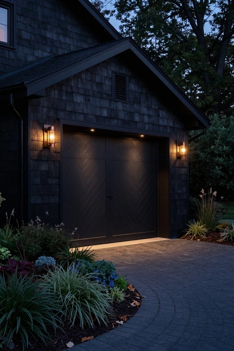 Dark shingled garage with black double doors featuring vertical herringbone pattern, flanked by wall lanterns, curved concrete pathway, and landscaping at dusk.
