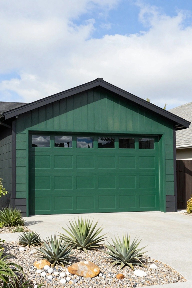 Dark green paneled two-car garage door with four rectangular windows above the panels on a gabled structure with dark horizontal siding and black trim, concrete driveway edged by agave plants and rocks.