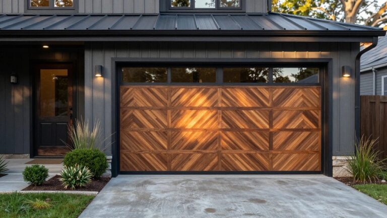 Garage with double wooden door in herringbone pattern and black frames, flanked by wall lights, concrete driveway, and low landscaping.
