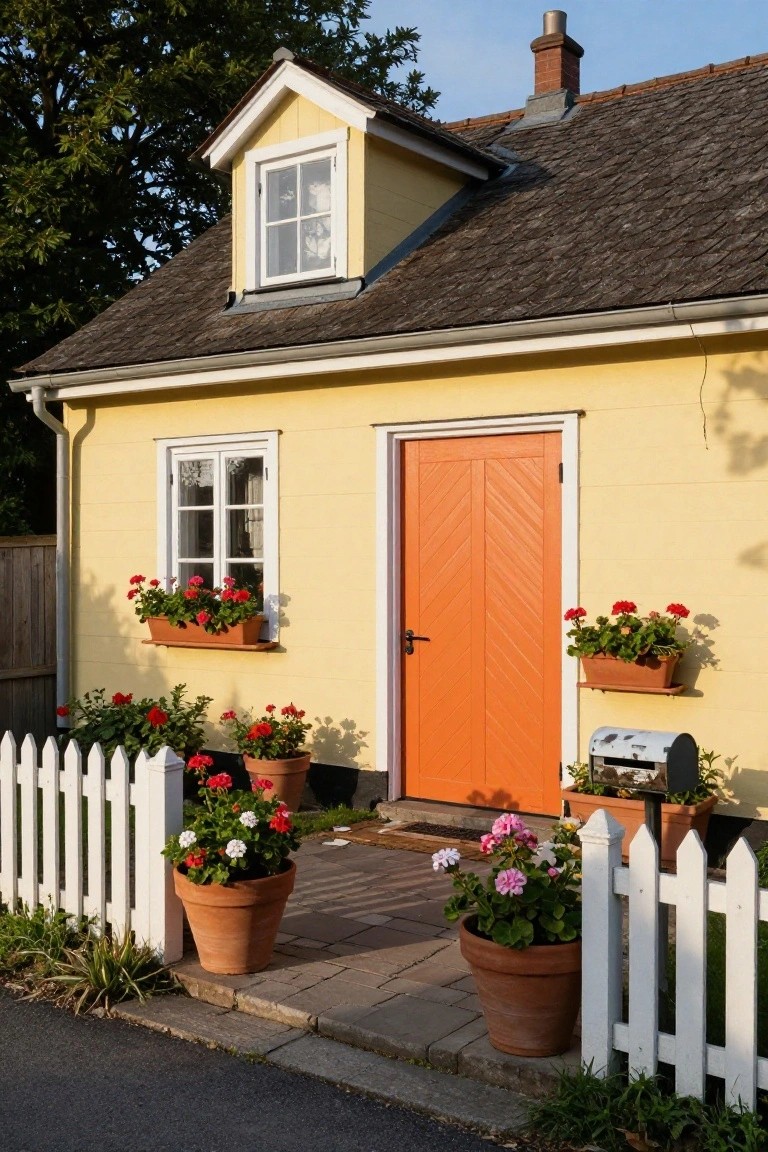 Yellow wooden house with white trim and gabled roof, featuring a bright orange front door with herringbone wood pattern, red geraniums in window boxes and pots, white picket fence, and metal mailbox.