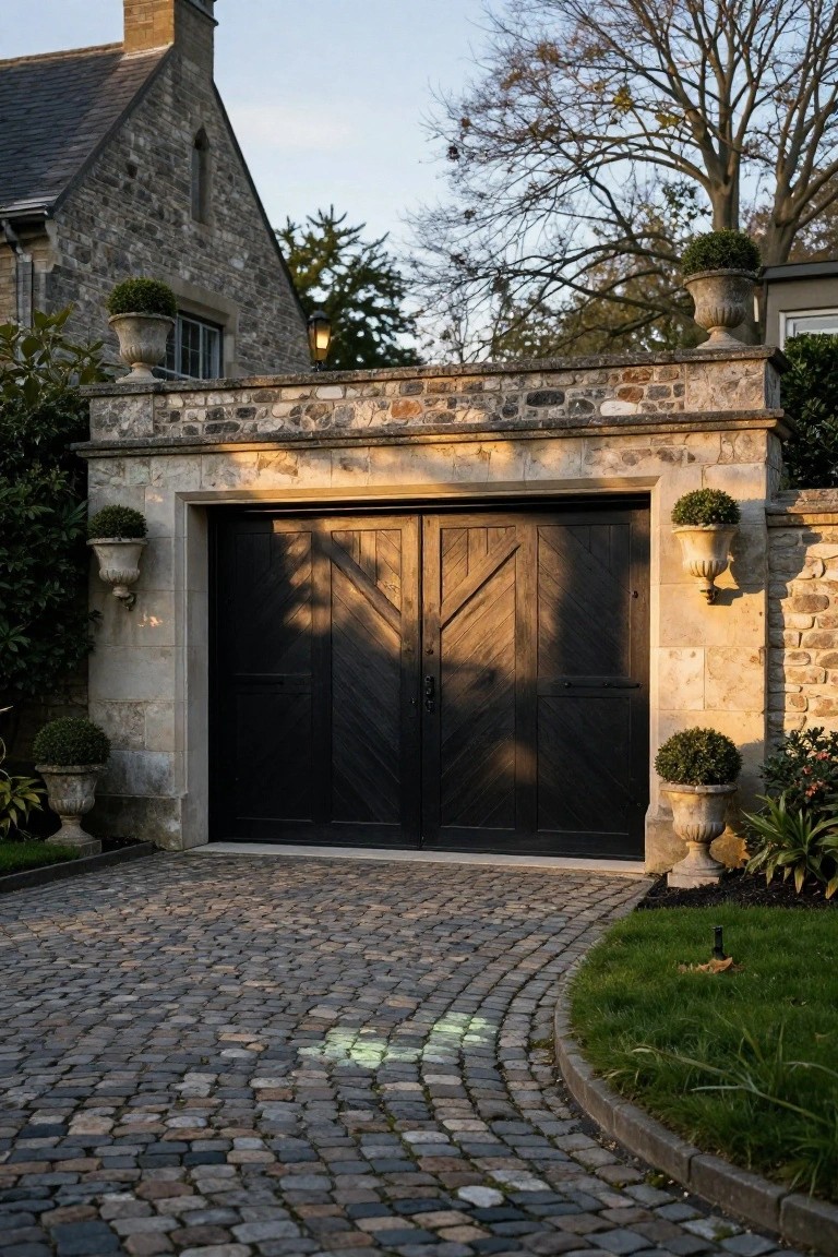 Stone wall gateway with double black wooden garage door featuring herringbone pattern, flanked by urn planters on pedestals, cobblestone driveway, and surrounding trees and grass.