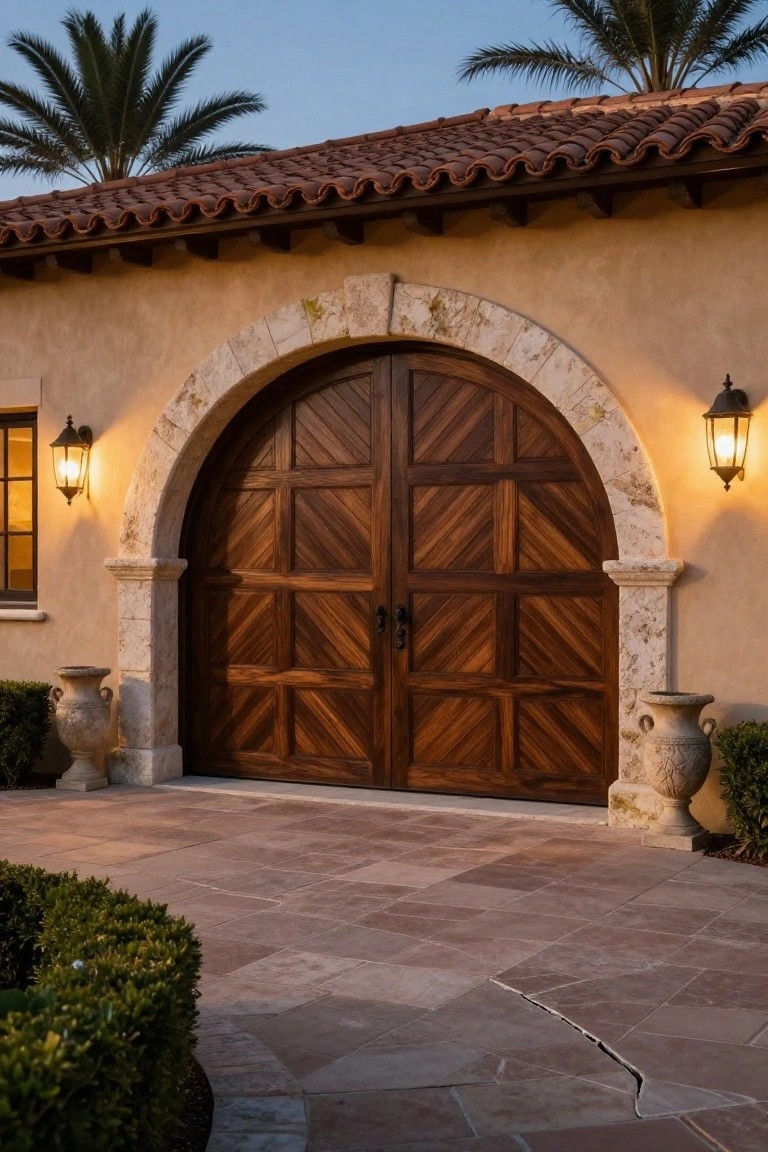 Beige stucco house exterior featuring a large double wooden garage door with herringbone paneling framed by a light stone archway, flanked by wall lanterns and stone urns, palm trees nearby, and a brick paver pathway.