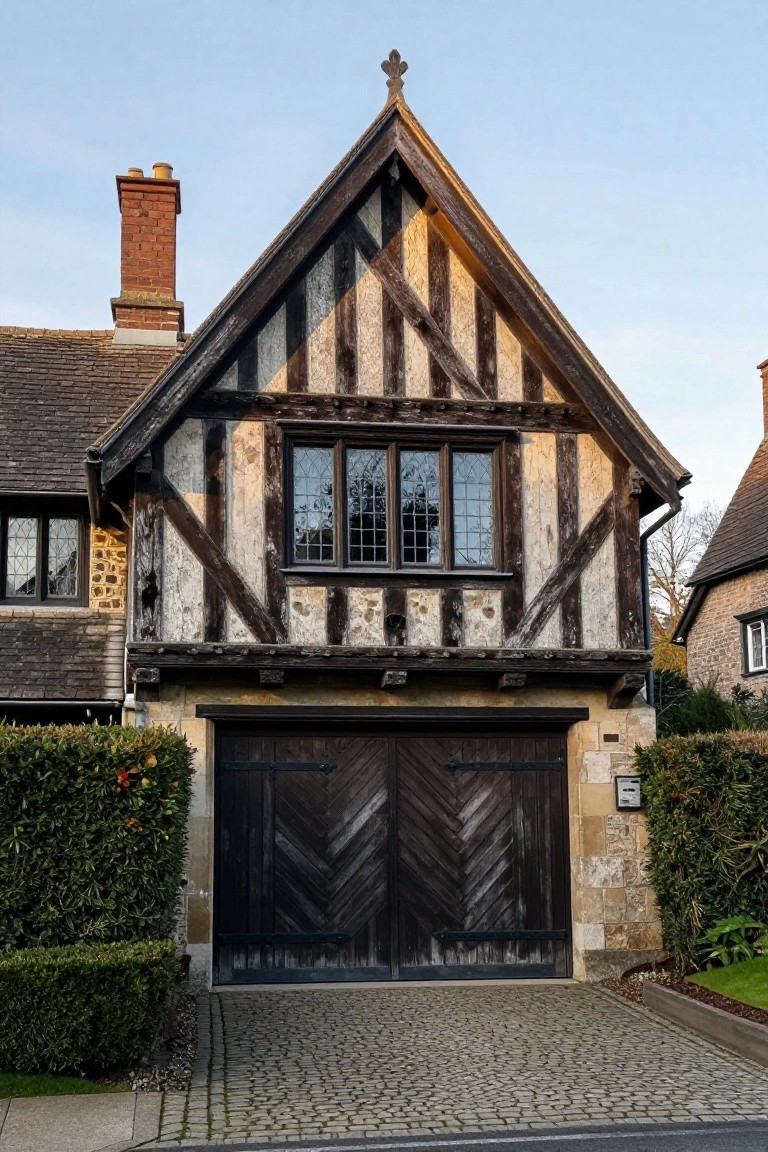 Tudor-style house with black and white half-timbered facade, tall multipaned windows, brick chimney, and large dark wooden garage door featuring a herringbone pattern, set on a paved driveway with hedges on both sides.