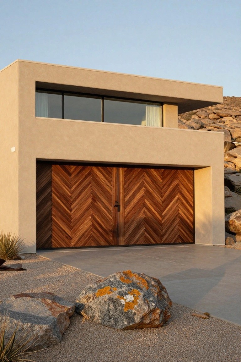 Beige stucco modern house with double wooden garage door in herringbone pattern, glass window above, rock walls, boulders, and desert plants on concrete driveway pad.