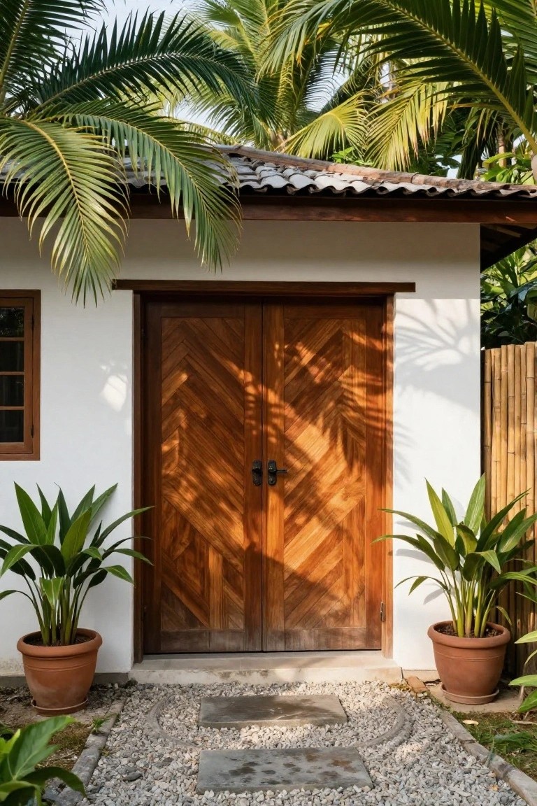 White stucco garage with double wooden door in herringbone pattern, flanked by potted plants, palm trees overhead, bamboo fence, and gravel pathway.