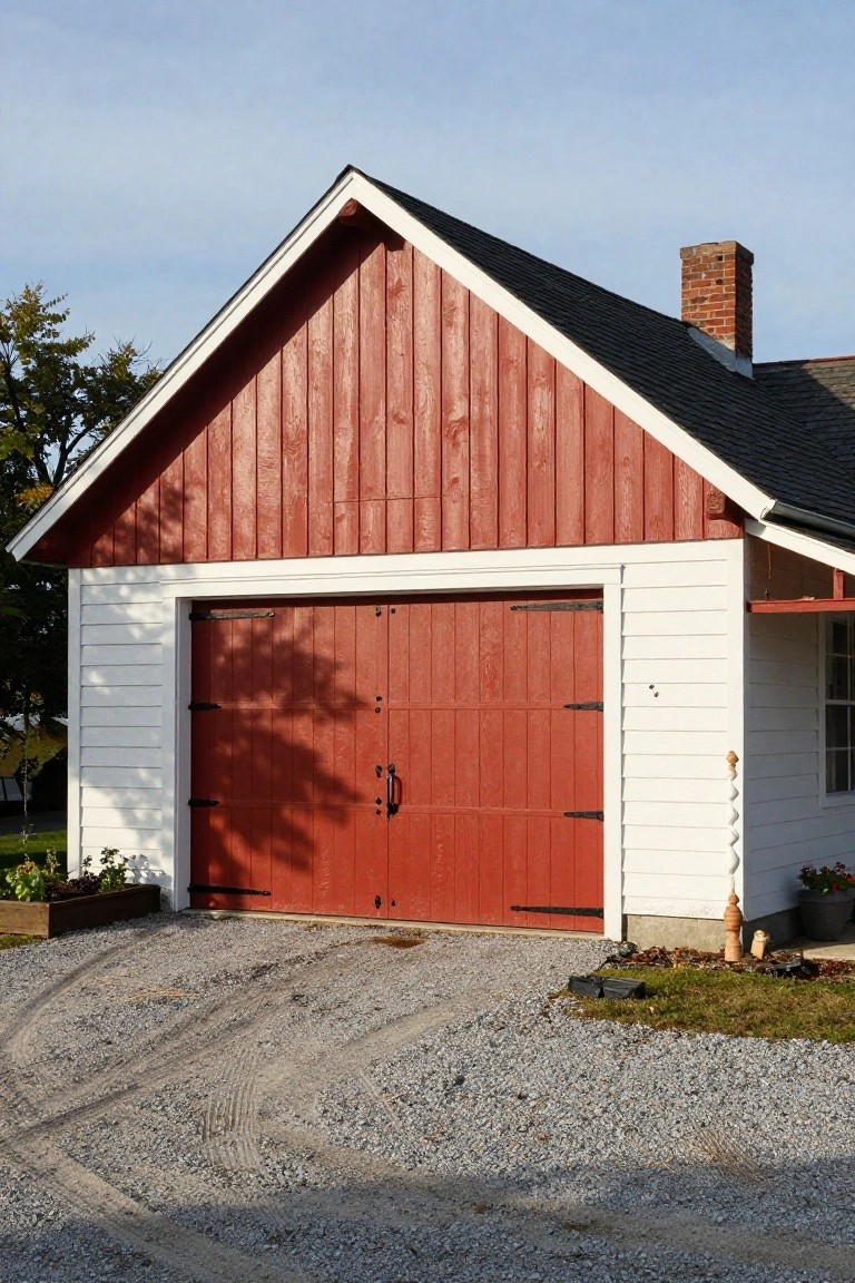 Red-painted wooden garage doors on a barn-style building with white trim, black roof, and gravel driveway