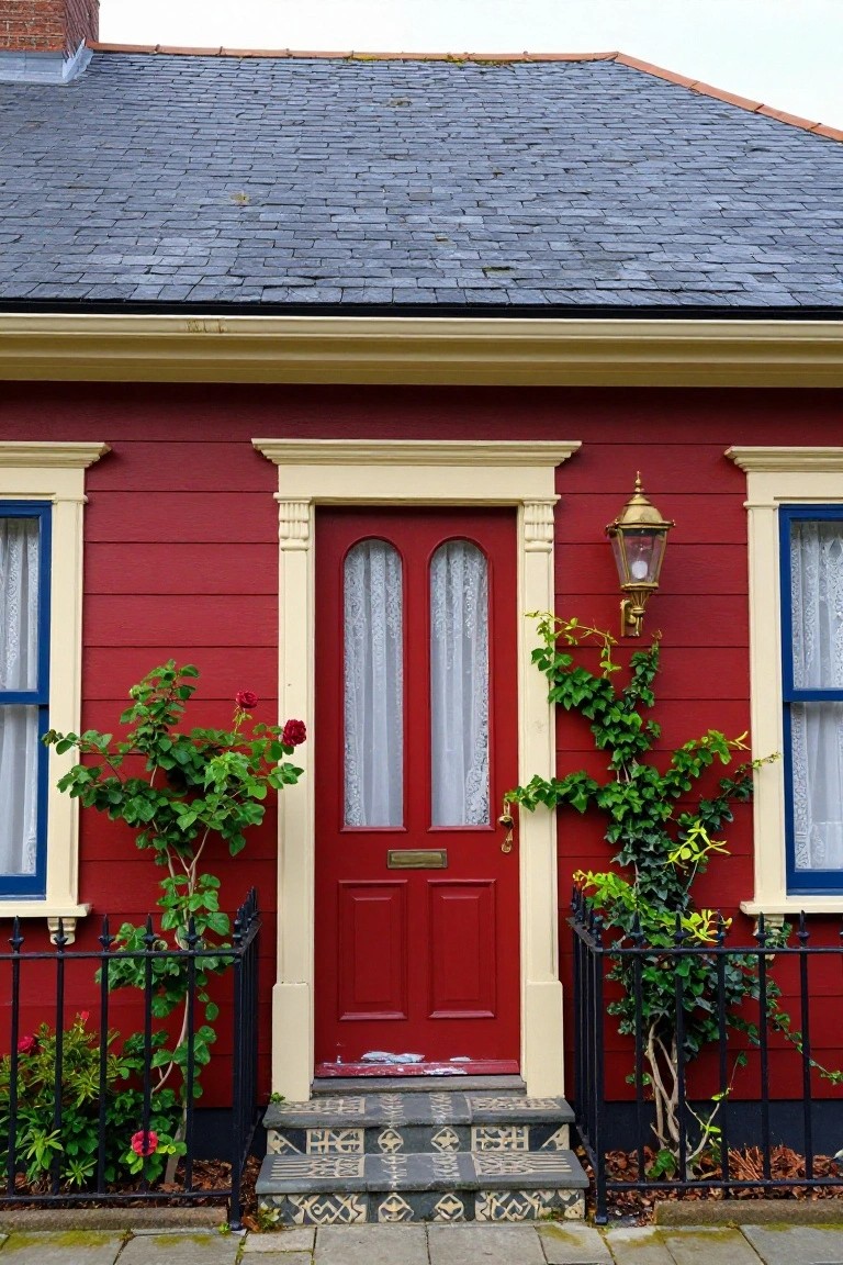 Vibrant red clapboard house with cream trim, red door, and potted plants
